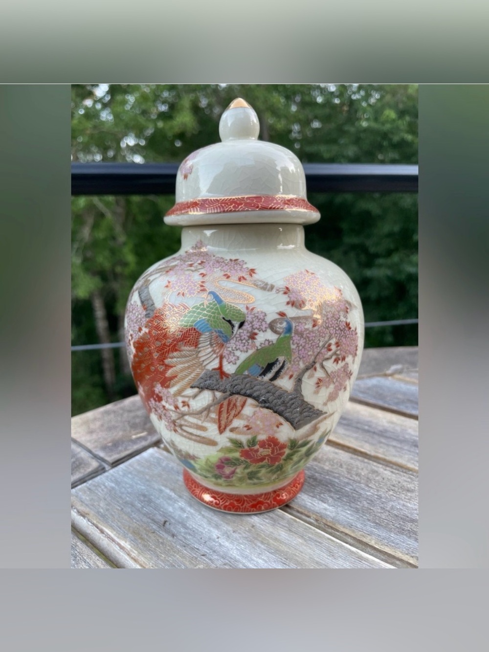 Vintage Japanese Peacock Cherry Blossom Ginger Jar Urn Vase Lid Gold Trim